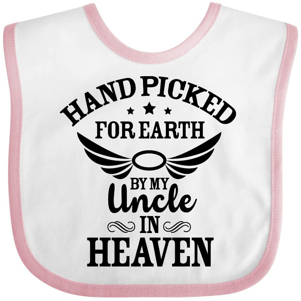inktastic Handpicked for Earth By My Uncle in Heaven with Angel Wings Baby Bib White and Pink 372bd
