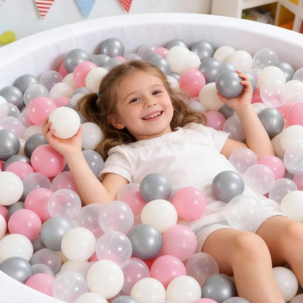 STARBOLO Ball Pit Balls for Toddlers - 100pcs BPA&Phthalate Free Non-Toxic Crush Proof Play Balls Soft Plastic Balls for Toddlers Baby Kids Birthday Pool Tent Party (Pink & Beige & Clear & Sliver)