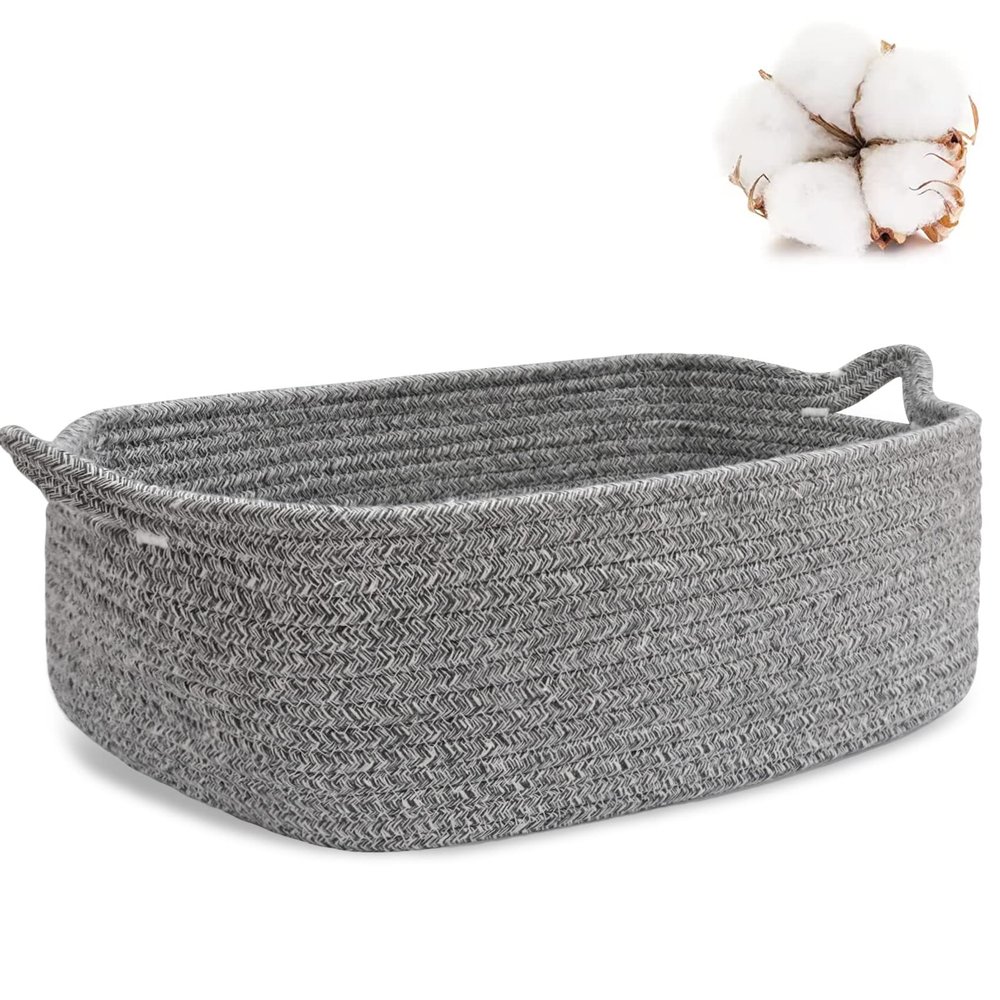 ABenkle Small Storage Basket with Handles, Cotton Rope Woven Dog Cat Toy Bin, Decorative Shelves Closet Organizing for Nursery Laundry Bedroom Bathroom, 14.2''x 11''x 5.1''