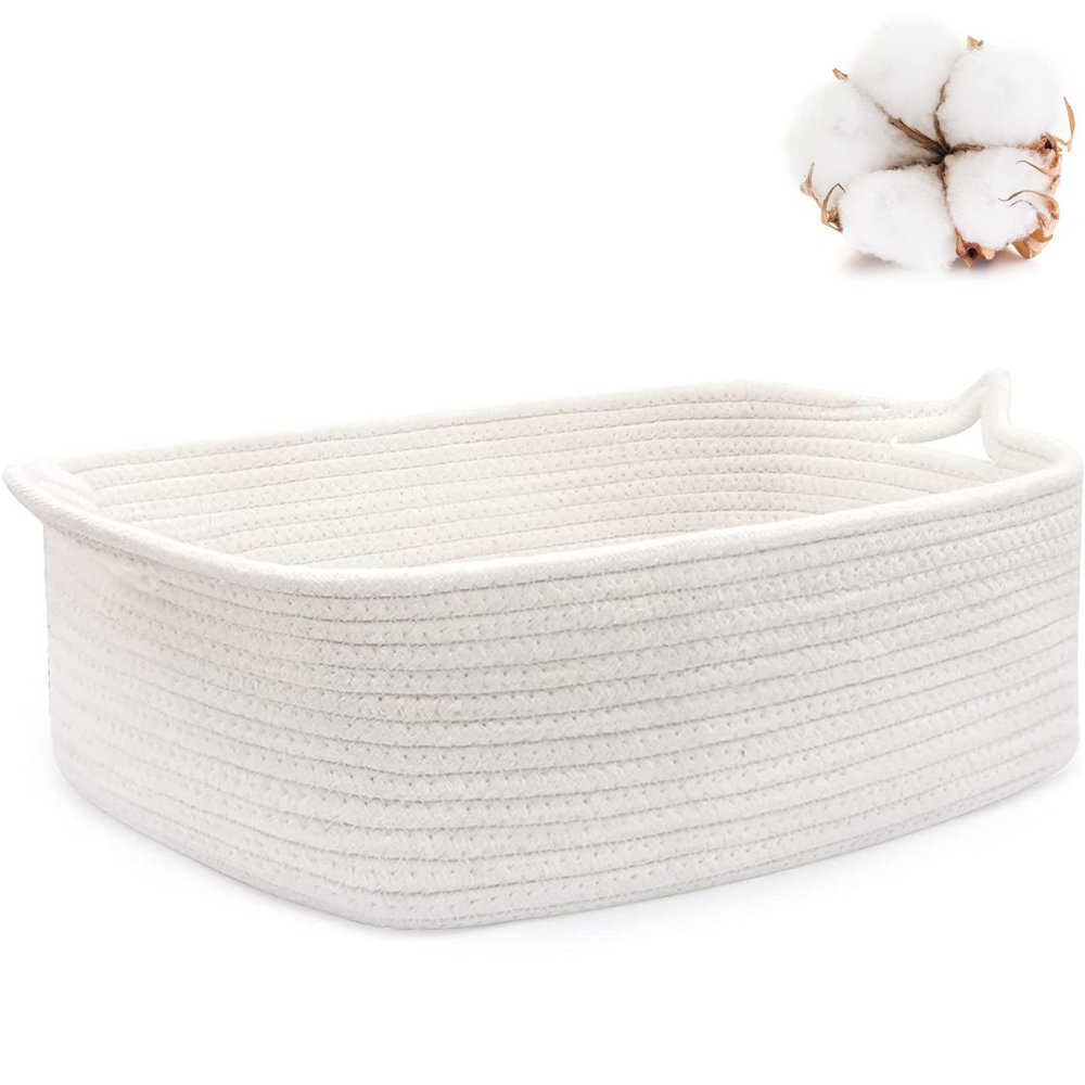 ABenkle Small Storage Basket with Handles, Cotton Rope Woven Dog Cat Toy Bin, Decorative Shelves Closet Organizing for Nursery Laundry Bedroom, 14.2''x 11''x 5.1''