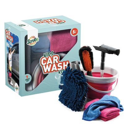 Kids Car Wash Activity Kit  7 Kid-Sized Carwash Accessories Gifts for Boys & Girls Ages 5 6 7 8-10 - Outdoor Fun Toys  Set Includes Bucket, Squeegee, Microfiber Mitt, Wheel Brush, 3 Cleaning Cloths