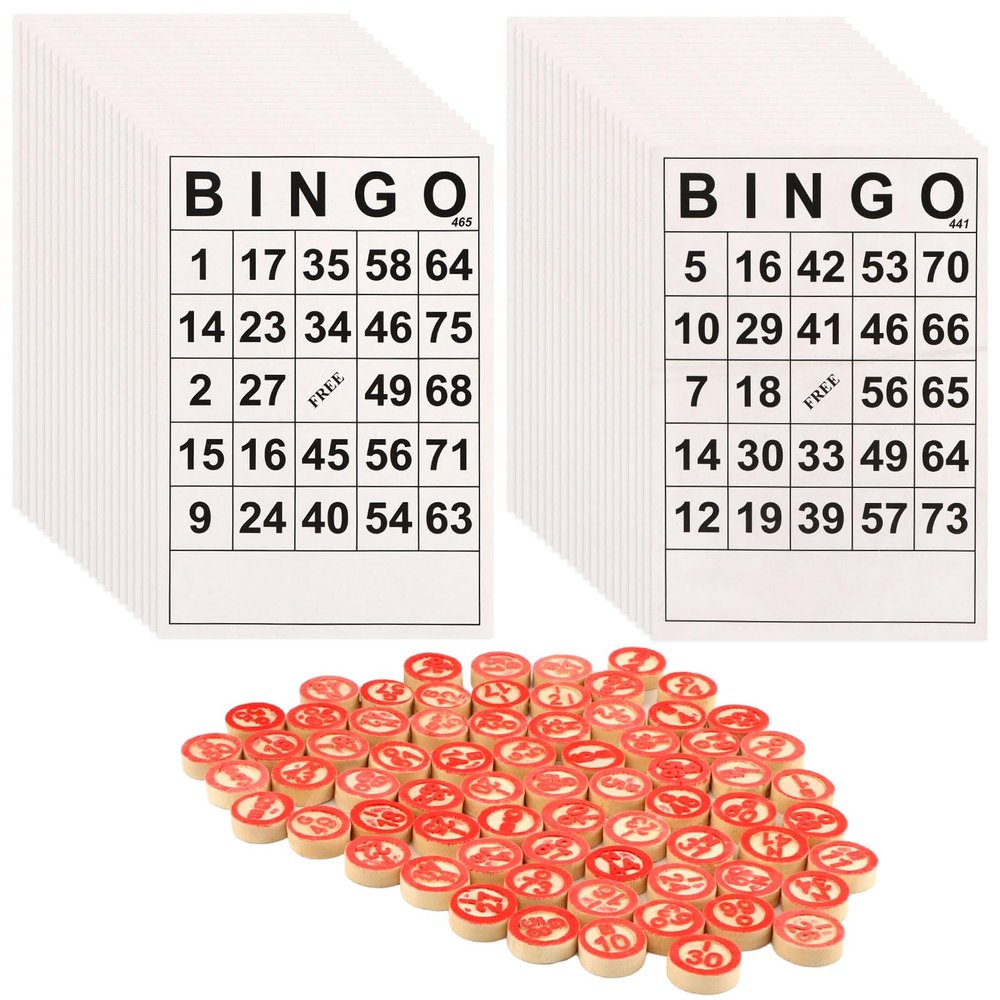 Denpetec Bingo Board Game, Classic Bingo Cards, Vintage Wooden Bingo Game, with 40 Bingo Number Cards and 75 Chess, for Family, Friends and Large Parties Group Games