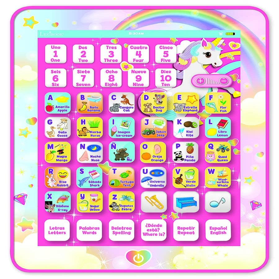 LEXiBOOK Unicorn Educational Bilingual Interactive Learning Tablet, Toy to Learn Alphabet Letters Numbers Words Spelling and Music, English/Spanish Languages, Pink, JCPAD002UNIi2