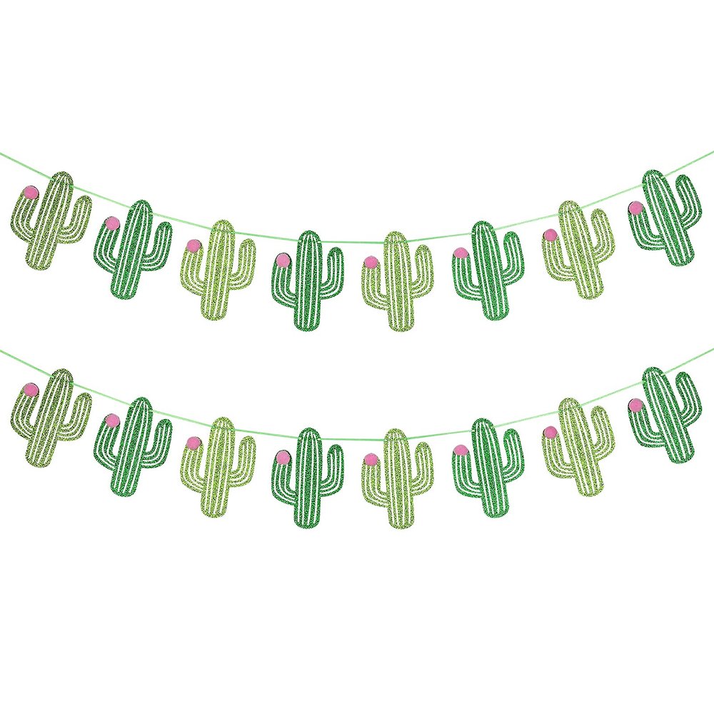 2Pcs Taco Cactus Garland Banner Green Glitter, Cinco De Mayo Cactus Banner Taco Party Banner for Mexican Fiesta Taco Birthday Party Decorations