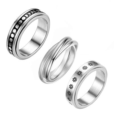 WOYNJI 3Pcs Stainless Steel Fidget Band Spinner Ring for Women Men Moon Sun Star Stress Relieving Wedding Promise Rings Set Size 9