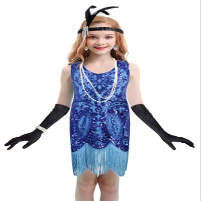 1920's Sequins Flapper Dress Children's Day Gift Party Halloween Costumes for Girls Accessories Set (Small, Style 5 Blue)