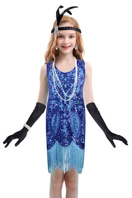 1920's Sequins Flapper Dress Children's Day Gift Party Halloween Costumes for Girls Accessories Set (X-Large, Style 5 Blue)