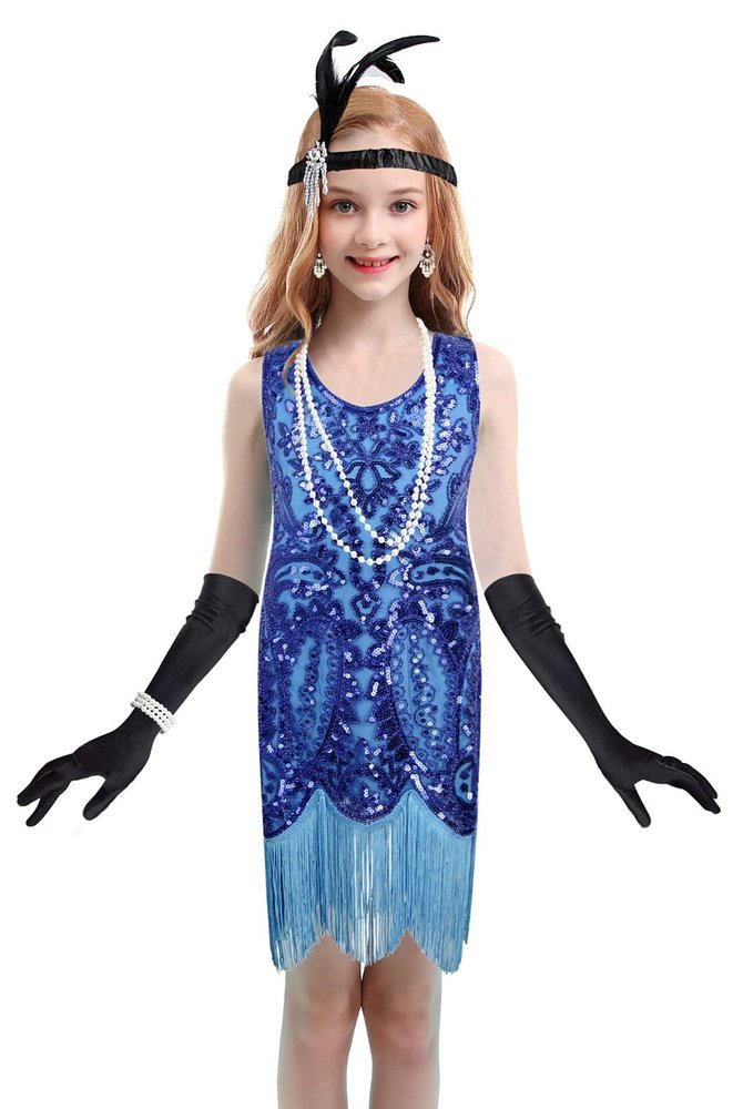 1920's Sequins Flapper Dress Children's Day Gift Party Halloween Costumes for Girls Accessories Set (X-Large, Style 5 Blue)