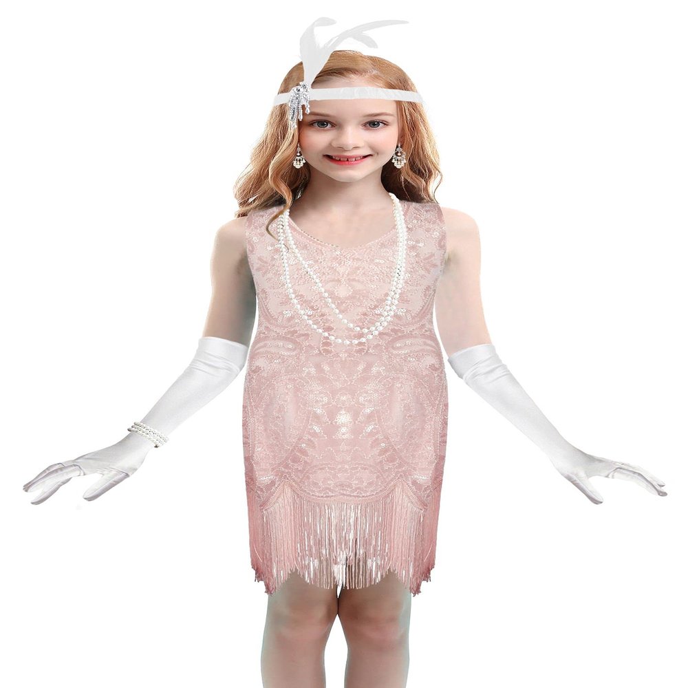 1920's Sequins Flapper Dress Children's Day Gift Party Halloween Costumes for Girls Accessories Set (X-Large, Style 5 Pink)