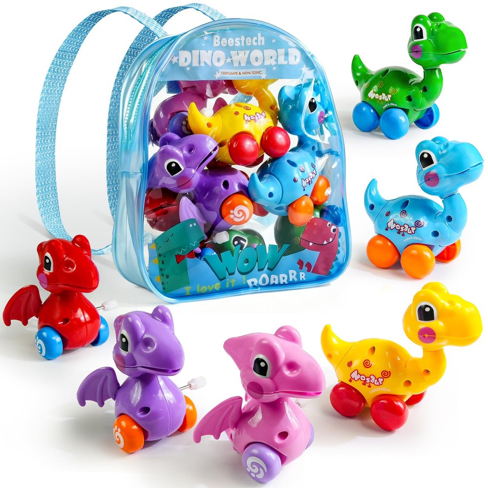 Beestech Wind Up Dinosaur Toys for 3,4,5,6 Years Old Girls Toddlers Boys, Dinosaur Birthday Party Supplies Favors, Girls with Backpack