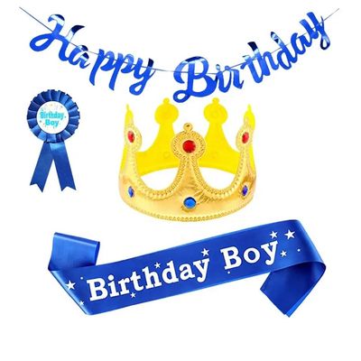4 Pieces Birthday Boy Party Accessory Set Birthday King Crown Birthday Boy Sash and Button Pins Happy Birthday Banner for Boys - Birthday Party Dress Up Decoration - Birthday Decorations for boy