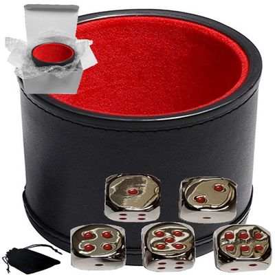 Cyber-Deals Set of Dice Cup Black PU Leather w/Plush Red Felt Lined + 16mm Zinc Alloy Metal Dice, Gift Boxed (Nickel, Red)