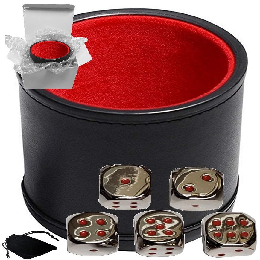 Cyber-Deals Set of Dice Cup Black PU Leather w/Plush Red Felt Lined + 16mm Zinc Alloy Metal Dice, Gift Boxed (Nickel, Red)