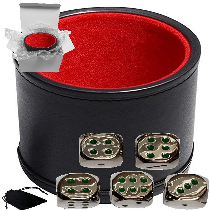 Cyber-Deals Set of Dice Cup Black PU Leather w/Plush Red Felt Lined + 16mm Zinc Alloy Metal Dice, Gift Boxed (Nickel, Green)