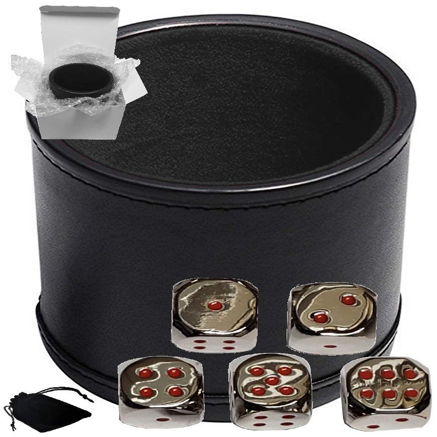 Cyber-Deals Set of Dice Cup Black PU Leather w/Plush Black Felt Lined + 16mm Zinc Alloy Metal Dice, Gift Boxed (Nickel, Red)