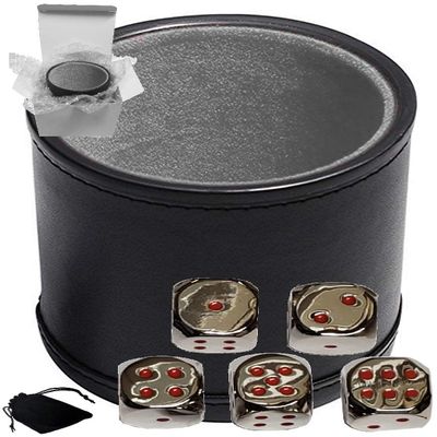 Cyber-Deals Set of Dice Cup Black PU Leather w/Plush Grey Felt Lined + 16mm Zinc Alloy Metal Dice, Gift Boxed (Nickel, Red)