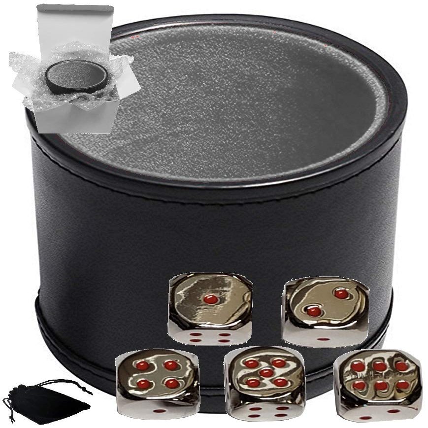Cyber-Deals Set of Dice Cup Black PU Leather w/Plush Grey Felt Lined + 16mm Zinc Alloy Metal Dice, Gift Boxed (Nickel, Red)