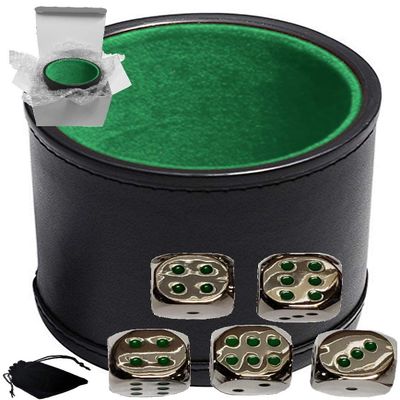 Cyber-Deals Set of Dice Cup Black PU Leather w/Plush Green Felt Lined + 16mm Zinc Alloy Metal Dice, Gift Boxed (Nickel, Green)