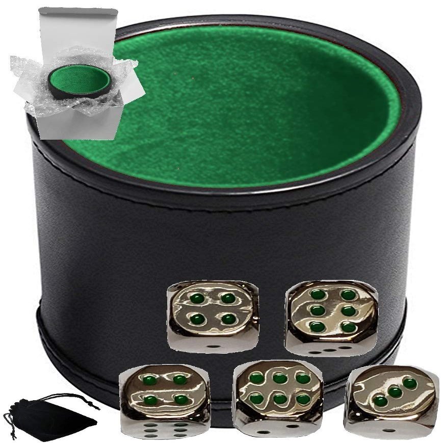 Cyber-Deals Set of Dice Cup Black PU Leather w/Plush Green Felt Lined + 16mm Zinc Alloy Metal Dice, Gift Boxed (Nickel, Green)