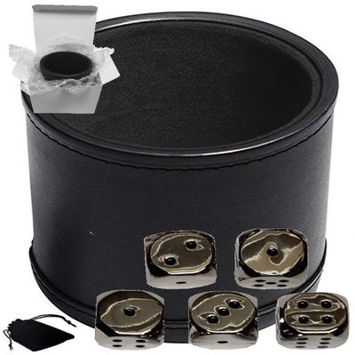Cyber-Deals Set of Dice Cup Black PU Leather w/Plush Black Felt Lined + 16mm Zinc Alloy Metal Dice, Gift Boxed (Nickel, Black)