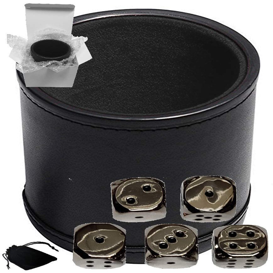 Cyber-Deals Set of Dice Cup Black PU Leather w/Plush Black Felt Lined + 16mm Zinc Alloy Metal Dice, Gift Boxed (Nickel, Black)