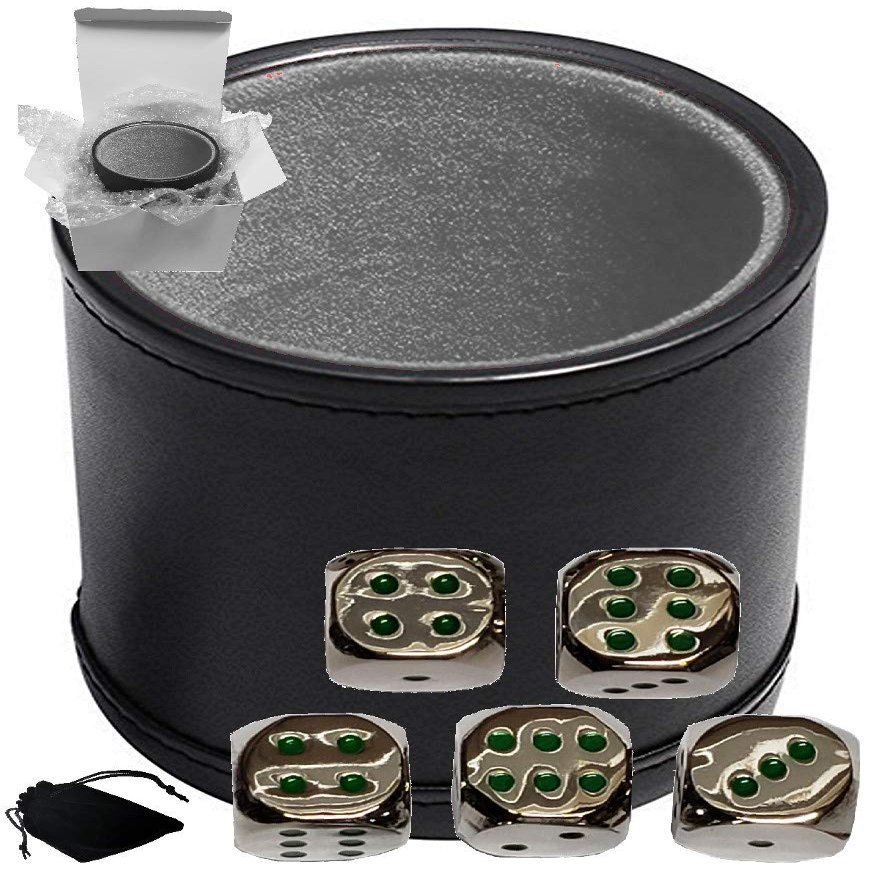 Cyber-Deals Set of Dice Cup Black PU Leather w/Plush Grey Felt Lined + 16mm Zinc Alloy Metal Dice, Gift Boxed (Nickel, Green)