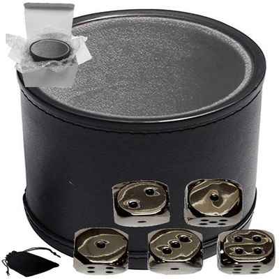 Cyber-Deals Set of Dice Cup Black PU Leather w/Plush Grey Felt Lined + 16mm Zinc Alloy Metal Dice, Gift Boxed (Nickel, Black)
