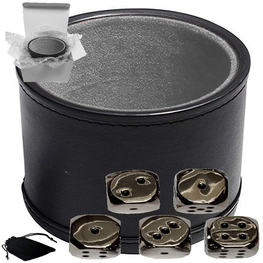 Cyber-Deals Set of Dice Cup Black PU Leather w/Plush Grey Felt Lined + 16mm Zinc Alloy Metal Dice, Gift Boxed (Nickel, Black)