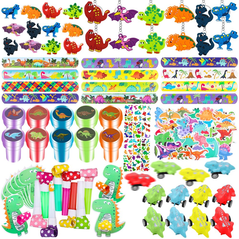 132Pcs Dinosaur Party Favors - Dinosaur Rings, Slap Bracelets, Tattoos, Keychains & More for Boy Kids' Birthday Party Goodie Bags