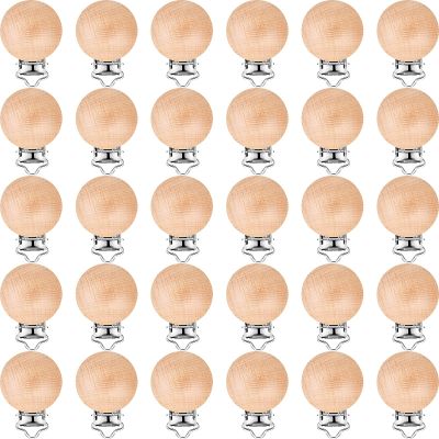 30 Pieces Natural Beech Wood Pacifier Clips Teething Grasping Toy Suspender Clips Wood Pacifier Clip Holder Charm DIY Clips (30 Pieces)