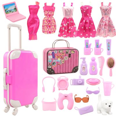 BARWA 32 Pcs Doll Suitcase Luggage Travel Clothes and Accessories for 11.5 inch Girl Doll Travel Carrier Storage, Including 1 Luggage 1 Suitcase 23 Travel toiletries 5 Dresses 1 Puppy 1 Computer