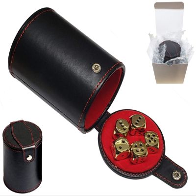 Cyber-Deals Set of Dice Cup Black PU Leather with Storage Compartment Red Felt Lined + 16mm Zinc Alloy Metal Dice, Gift Boxed (Gold, Black)