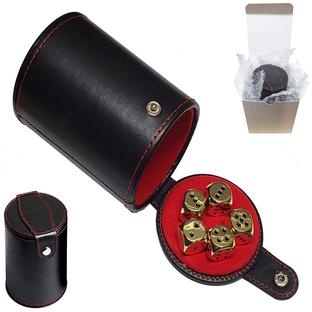 Cyber-Deals Set of Dice Cup Black PU Leather with Storage Compartment Red Felt Lined + 16mm Zinc Alloy Metal Dice, Gift Boxed (Gold, Black)