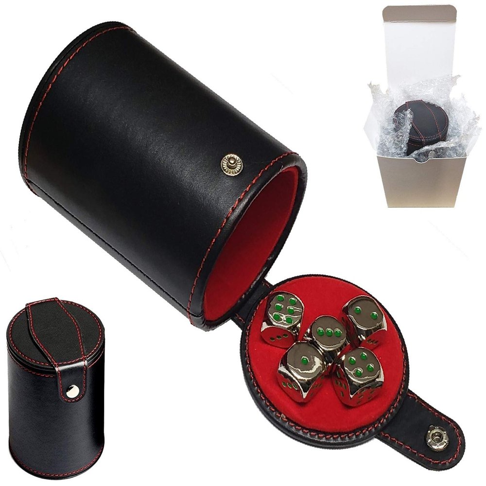Cyber-Deals Set of Dice Cup Black PU Leather with Storage Compartment Red Felt Lined + 16mm Zinc Alloy Metal Dice, Gift Boxed (Nickel, Green)