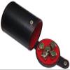 Cyber-Deals Set of Dice Cup Black PU Leather with Storage Compartment Red Felt Lined + 16mm Zinc Alloy Metal Dice, Gift Boxed (Nickel, Green) view 2