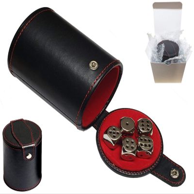 Cyber-Deals Set of Dice Cup Black PU Leather with Storage Compartment Red Felt Lined + 16mm Zinc Alloy Metal Dice, Gift Boxed (Nickel, Black)