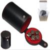 Cyber-Deals Set of Dice Cup Black PU Leather with Storage Compartment Red Felt Lined + 16mm Zinc Alloy Metal Dice, Gift Boxed (Nickel, Black) view 1