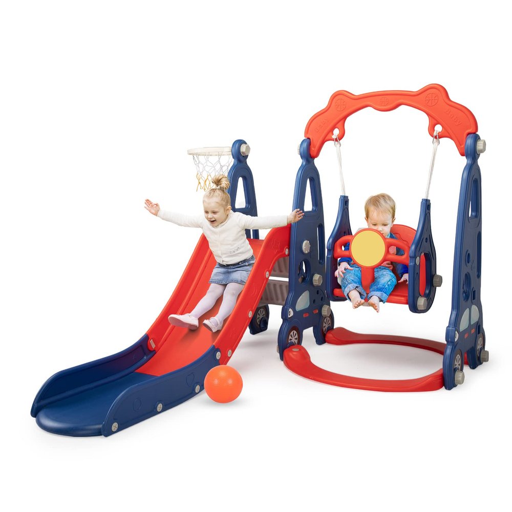 4 in 1 Slide Climber Swing Set, Freestanding Toddler Slide Climber Playset with Basketball Hoop, Toddler Playground Indoor Outdoor, Easy Setup (Red)