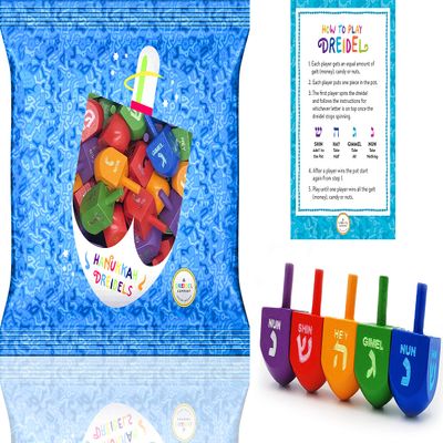 The Dreidel Company Wood Multi-Colored Dreidels Medium Sized Hanukkah Draydels with English Transliteration (10-Pack)