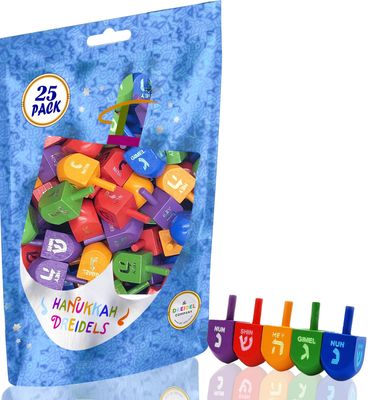 The Dreidel Company 25-Pack Wood Multi-Colored Dreidels Medium Sized Hanukkah Draydels with English Transliteration, Includes Game Instruction Cards (25-Pack)