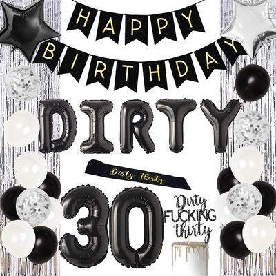 Fangleland 30th Birthday Party Decorations Silver and Black, Dirty Thirty Banner Balloon Dirty 30 Sash Cake Topper for for Her Him 30 Years Old Birthday Party Supplies
