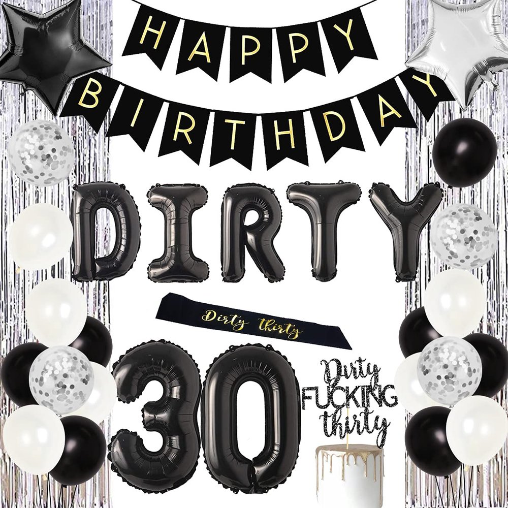Fangleland 30th Birthday Party Decorations Silver and Black, Dirty Thirty Banner Balloon Dirty 30 Sash Cake Topper for for Her Him 30 Years Old Birthday Party Supplies
