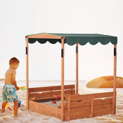 Sandbox with Canopy,Wooden Sandbox with Convertible Cover Kids Outdoor Backyard Bench Play Sand Box