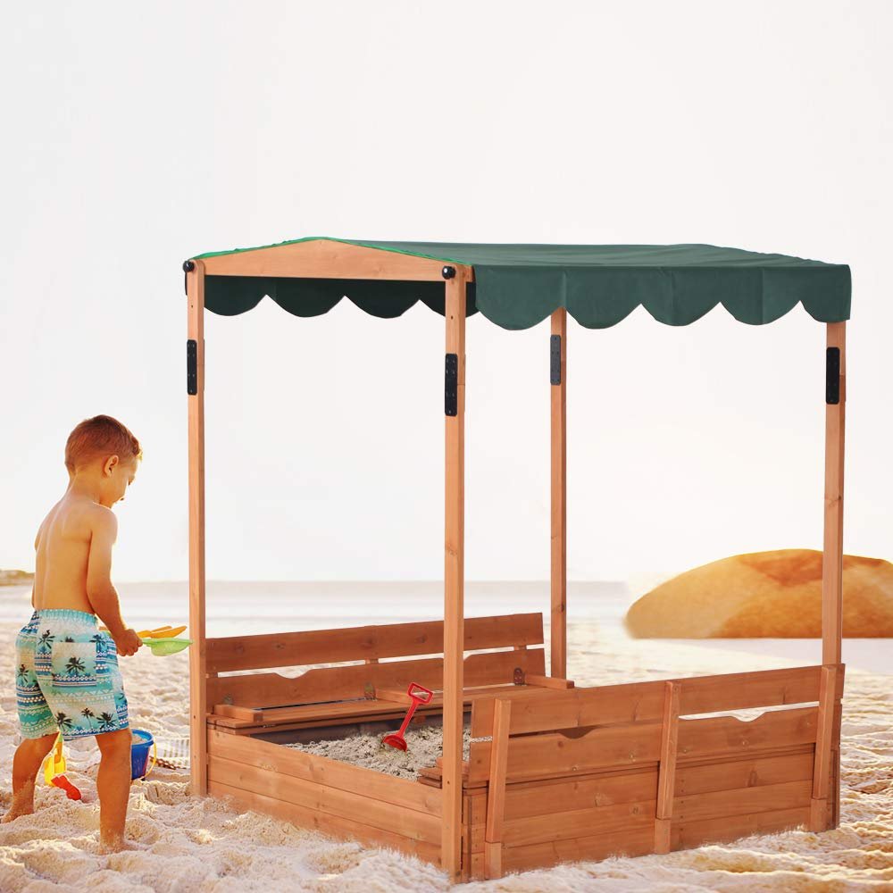 Sandbox with Canopy,Wooden Sandbox with Convertible Cover Kids Outdoor Backyard Bench Play Sand Box