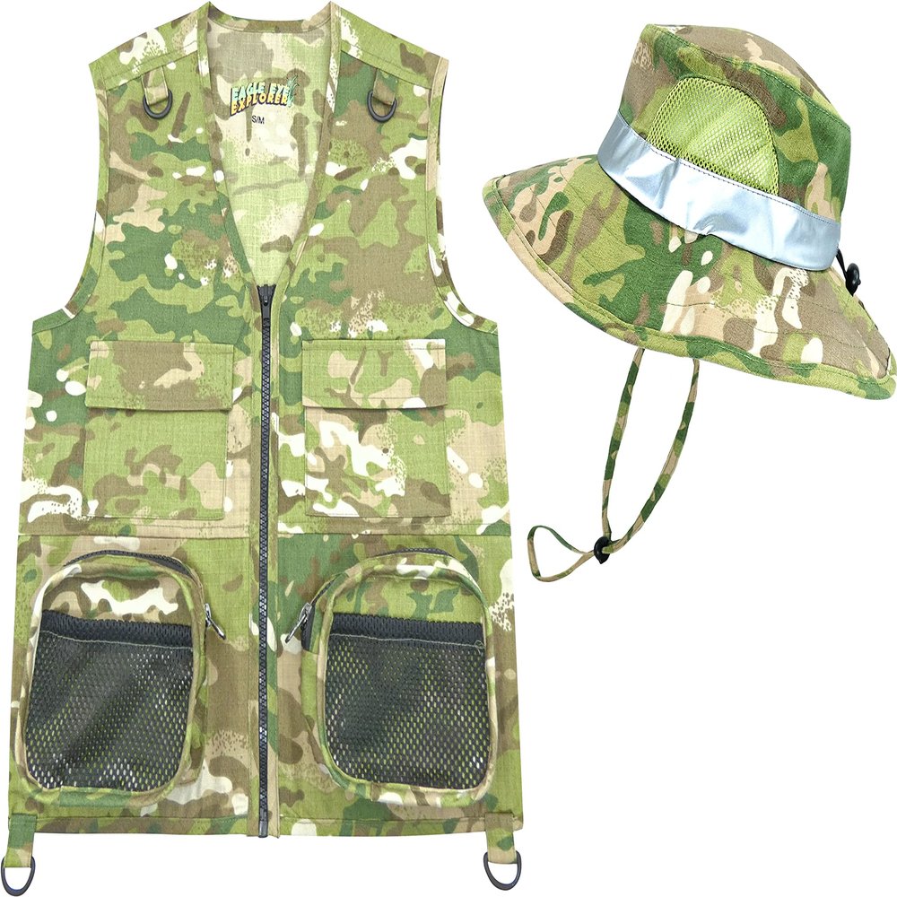 Eagle Eye Explorer Kids Cargo Vest Set Camouflage Vest and Hat Youth S/M Fits Kids Size 4-7 (Camouflage (Hat and Vest), Small/Medium)