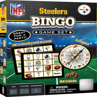 MasterPieces - NFL Bingo, Officially Licensed Pittsburgh Steelers Football Game, Set Includes Spinner, 84 Custom Chips, 6 Bingo Cards, Family & Party Fun for 2-6 Players