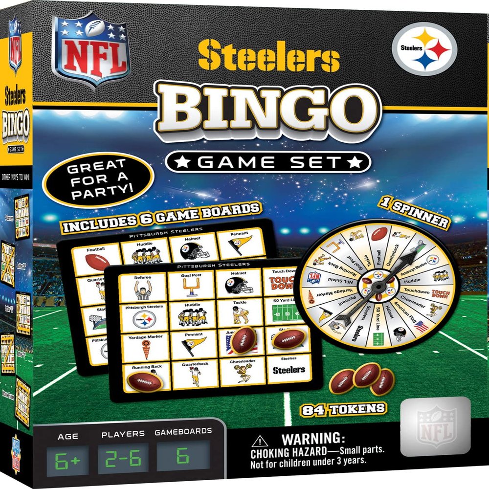 MasterPieces - NFL Bingo, Officially Licensed Pittsburgh Steelers Football Game, Set Includes Spinner, 84 Custom Chips, 6 Bingo Cards, Family & Party Fun for 2-6 Players