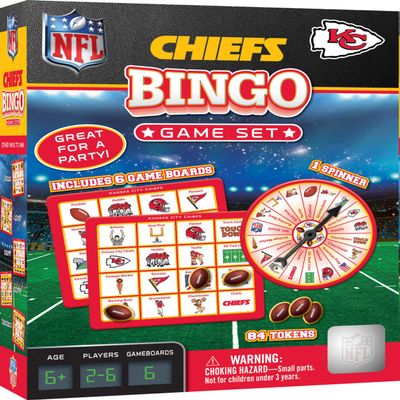 MasterPieces - NFL Bingo, Officially Licensed Kansas City Chiefs Football Game, Set Includes Spinner, 84 Custom Chips, 6 Bingo Cards, Family & Party Fun for 2-6 Players