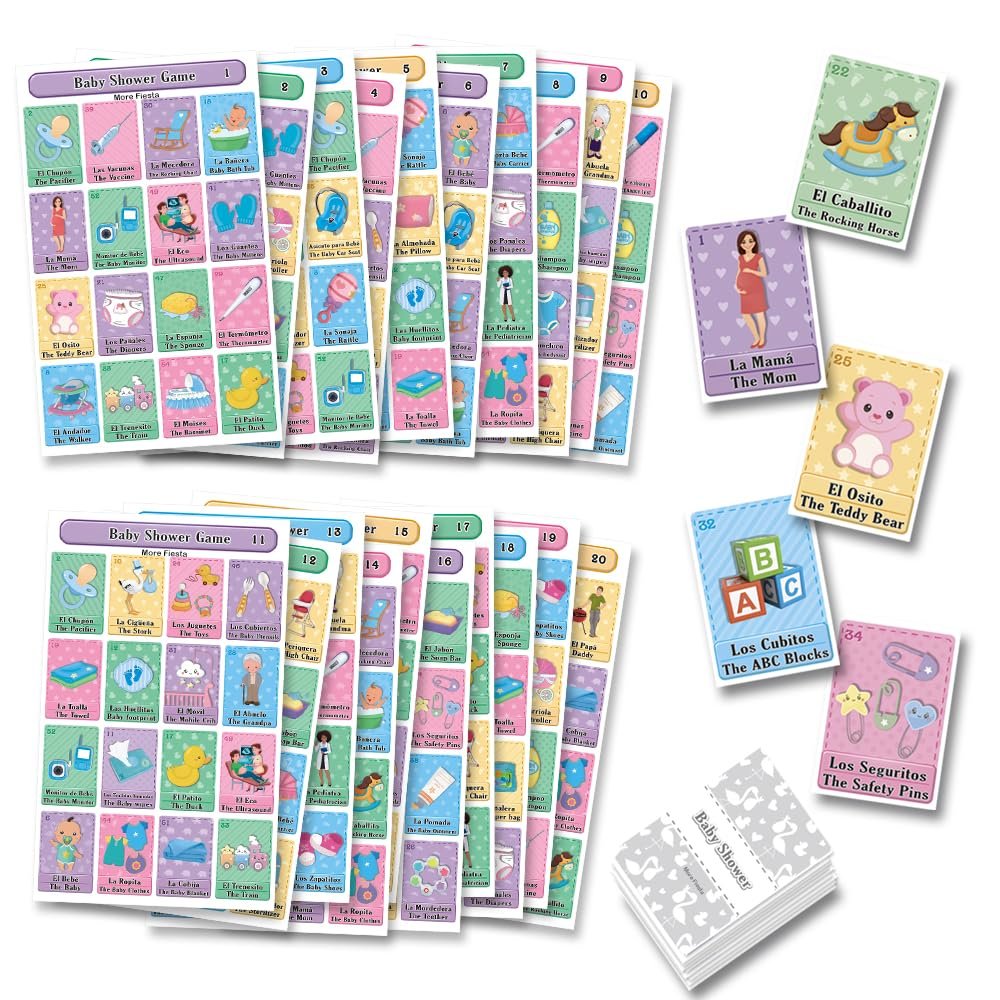 Baby Shower Loteria Fiesta Bilingual Mexican Bingo - in English Spanish, for up to 20 Players