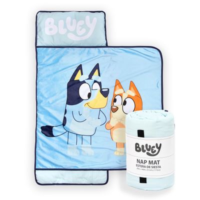 Jay Franco Kids Nap Mat with Embedded Pillow & Blanket  Soft 46"x20" Microfiber Sleeping Bag with Name Tag & Handle for School, Travel, Sleepover, Blue - Bluey